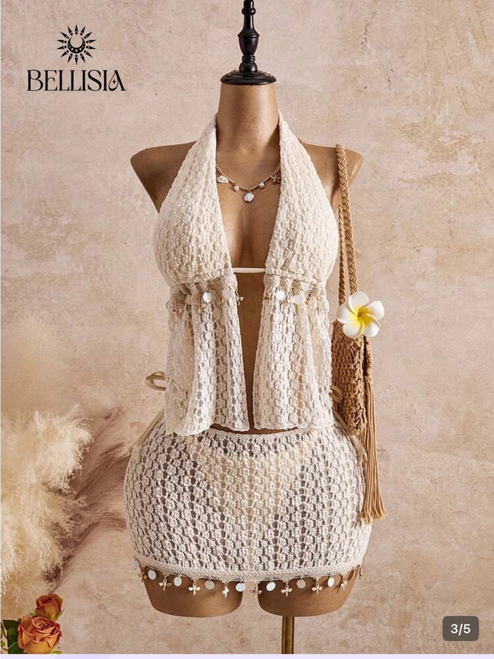 SHEIN Cream Crochet Halter Swim Coverup Set - Picture 3 of 5